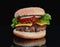 Delicious hamburger with beef with cheese, tomatoes, onions, cucumbers and tomatoes and ketchup on a black background and on a bla