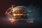 delicious hamburger with melting cheese and details of smoke and fire behind. Generative AI