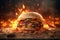 Delicious hamburger with melting cheese and details of smoke and fire behind. Generative AI
