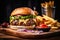 Delicious hamburger and potato fries on wooden cutting board.