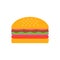 Delicious hamburger. Vector flat design burger icon. Burger with salad, tomatoes, cheese and cutlet. Fast food. Vector