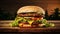 Delicious Hamburger On Wooden Table - Mouthwatering Fast Food