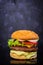 Delicious handmade burger on dark background. Close view