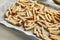 Delicious hard chucks on white wooden table, closeup