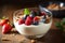 A delicious, healthy bowl of yogurt topped with an assortment of vibrant berries and crunchy granola, Delicious yogurt with