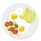 Delicious healthy breakfast of fried eggs, avocado slices, fresh vegetable salad of tomatoes, cucumbers and arugula