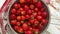 Delicious healthy fresh strawberries placed in metal strainer. Organic natural food concept.