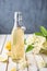 Delicious healthy refreshing beverage, sweet elderflower syrup or cordial in a glass bottle