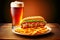 delicious hearty hotdog set with sausage, french fries and glass of beer