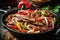 Delicious home cooked beef steak fajitas in iron cast skillet with colorful sweet peppers and onions