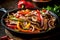 Delicious home cooked beef steak fajitas in iron cast skillet with colorful sweet peppers and onions