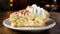 Delicious homemade banana cream pie with a luscious creamy filling on a rustic wooden background