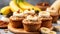 delicious homemade banana muffins easy recipe concept on blurred kitchen background