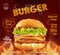 Delicious homemade beef burger with BBQ grill fire banner ads