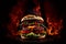 Delicious homemade burger with chili  on fire black background. Generative AI