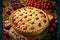 delicious homemade cherry pie with beaful openwork decoration of dough
