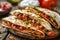 Delicious Homemade Chicken Quesadillas With Fresh Salsa and Cream on Rustic Wooden Background Mexican Cuisine Concept