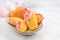 Delicious homemade chocolate dipped madeleine on white table background