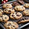 Delicious homemade cookies cooling on a festive holiday baking tray