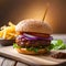 Delicious homemade hamburger on wooden surface