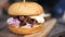 Delicious Homemade Healthy Mushroom Vegan Burger on Wooden Cutting Board. 4K Close Up, Slowmotion.