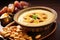 A delicious homemade hummus served in a bowl, topped with crunchy and nutritious almonds, ramadan food also known as kurma, AI