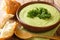 Delicious homemade kale puree soup close-up in a bowl. horizontal