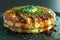 Delicious Homemade Okonomiyaki Japanese Savory Pancake Garnished with Sauce and Green Onion