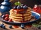 Delicious homemade pancakes with strawberries, blueberries and syrup on plate