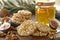 Delicious Honey Drizzled Fig and Walnut Cookies Served with Fresh Figs and Organic Honey Jar on Wooden Table