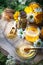 Delicious honey and fresh pollen of flowers on a wooden table. Selective focus.