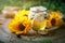 Delicious honey and fresh pollen of flowers on a wooden table. Selective focus.