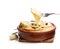 Delicious hot baked camembert with sultanas isolated on white