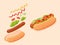 Delicious hot dog with flying ingredients like sesame seed bun, meat sausage, lettuce, tomato, cucumber, ketchup and