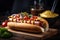 delicious hot dog with spicy mustard, ketchup and relish