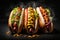 Delicious hot dogs fully loaded with assorted toppings, ai generative illustration