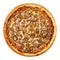 Delicious hot italian Pizza with hunting sausages, brisket, bacon sauce, mushrooms, red onion, jalapeno, oregano and cheese