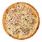 Delicious hot italian Pizza with mushroom sauce, ham, mushrooms, oregano and cheese mozzarella