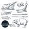 Delicious iberian pork jamon leg and cutting tools. Sketch  illustration of Spanish gourmet cuisine