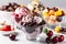 Delicious ice cream with fruits. ice cream, ice, cream, dessert, fruit, chocolate, glasses, cold, berry, cherry, bowl, fresh,