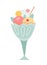 Delicious icecream flat vector illustration. Sweet gelato balls with chocolate and fruity icing in glass cup. Sweet