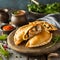 Delicious Indian samosa pastry presented on a plate with tomatoes and lettuce on a wooden table.