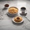 delicious italian breakfast on marble table with marble background and coffee with copy space.