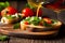 Delicious Italian bruschetta with garlic-infused tomatoes, drizzled with extra virgin olive oil and topped with fragrant basil
