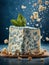 Delicious Italian Gorgonzola, floating blue cheese, cow\\\'s milk, strong flavor aroma. Cinematic advertising photography