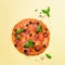 Delicious italian pizza, basil leaves, salt, pepper on yellow background with copyspace. Square crop. Top view. Banner