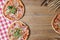 Delicious italian pizzas served on wooden table. Three pizza on rustic wooden background, copy space web design banner