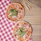 Delicious italian pizzas served on wooden table. Three pizza on rustic wooden background, copy space web design banner