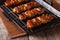 Delicious Japanese yakitori barbecue of chicken on a grill pan.