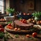 Delicious, juicy, and appetizing roast beef cooked in the oven. In the background, a nostalgic kitchen with rustic decoration.